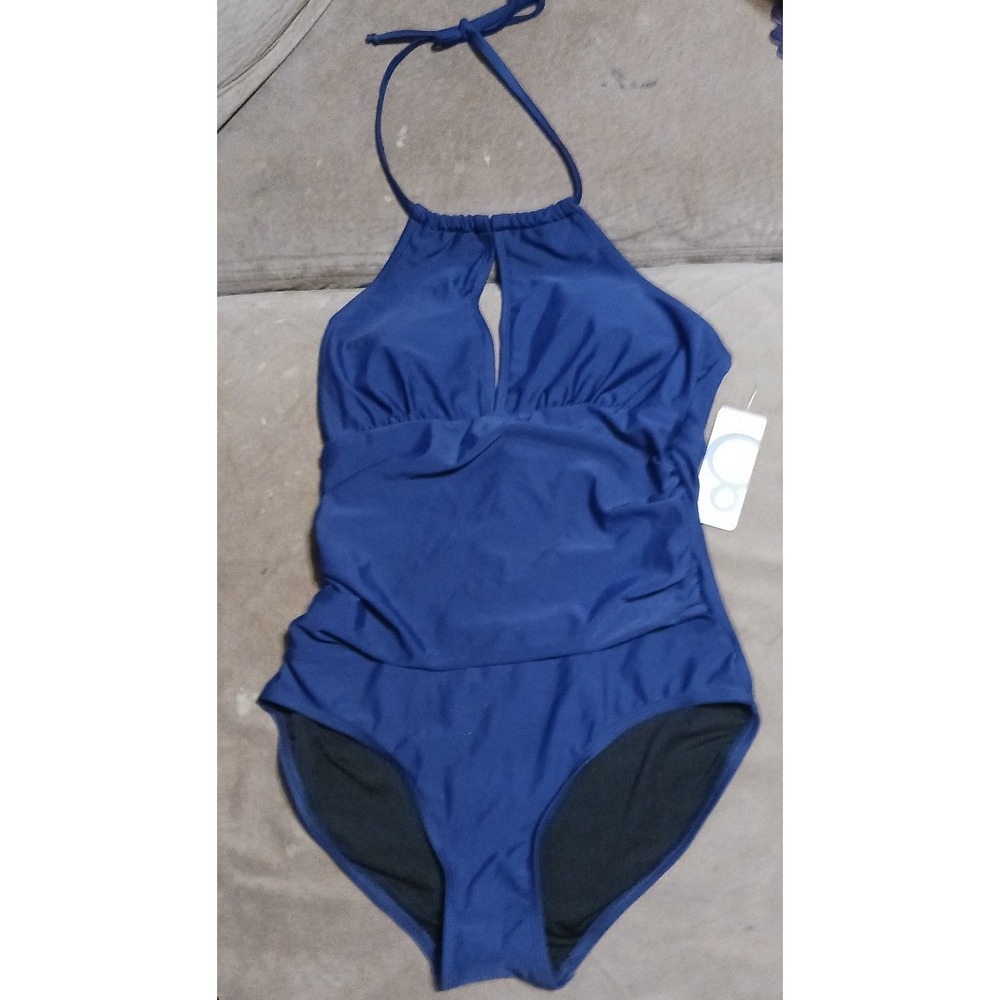 NEW Women's Navy‎ Blue Keyhole Halter Tummy Minimizing One Piece Swimsuit, Small